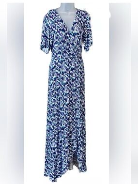 Lemon Tart Women's Abstract Print Maxi Dress Size M V-neck Split Sleeve